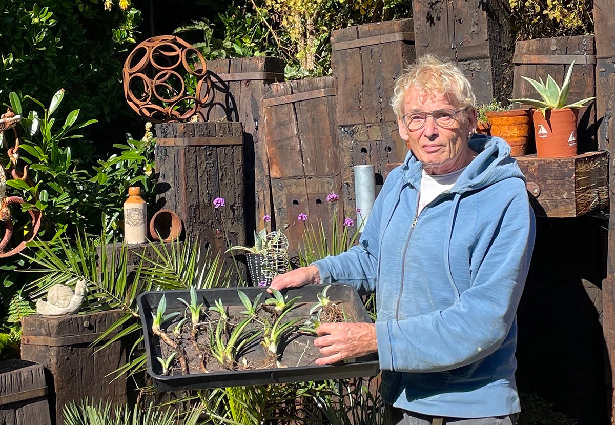 Geoff Stonebanks holding a tray of baby agaves